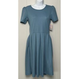 NEW NWT Solid Blue Sz XS Knee Length AMELIA Pleated Skater Dress Pockets LULAROE